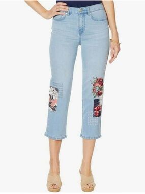 DG2 by Diane Gilman Light Wash Cropped Jeans with Floral Patchwork